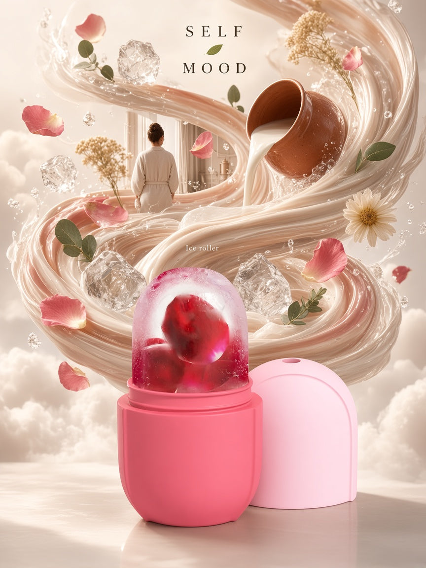 Ice roller Self Mood rose clair — rituel fraîcheur, glace et roses